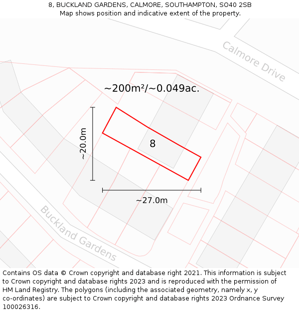 8, BUCKLAND GARDENS, CALMORE, SOUTHAMPTON, SO40 2SB: Plot and title map