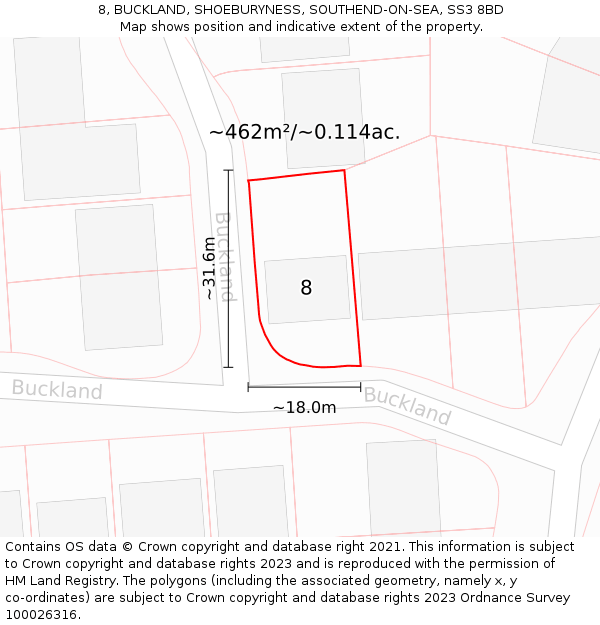 8, BUCKLAND, SHOEBURYNESS, SOUTHEND-ON-SEA, SS3 8BD: Plot and title map