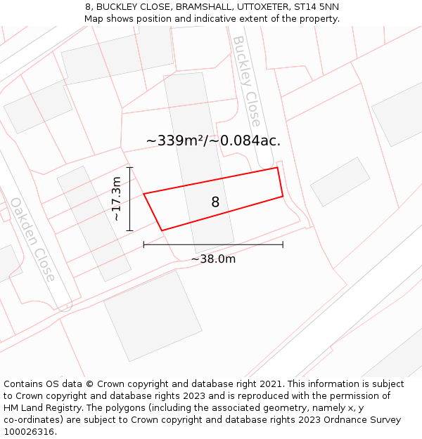 8, BUCKLEY CLOSE, BRAMSHALL, UTTOXETER, ST14 5NN: Plot and title map