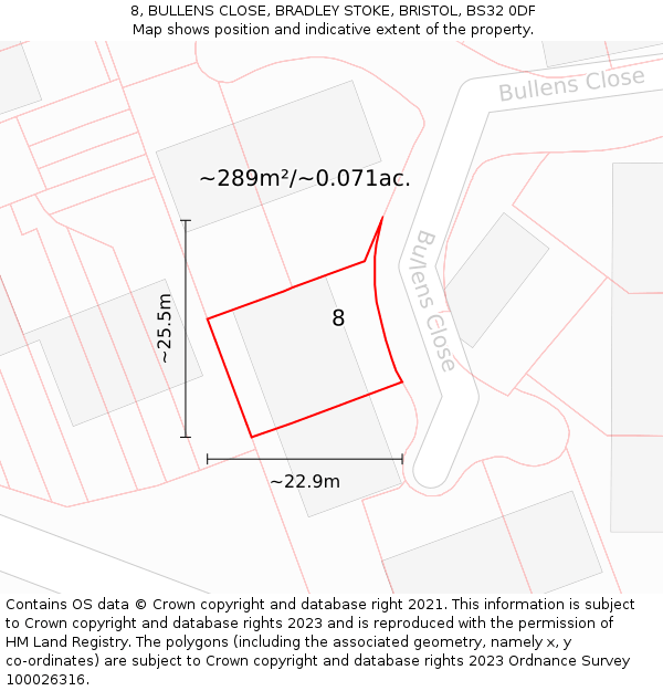 8, BULLENS CLOSE, BRADLEY STOKE, BRISTOL, BS32 0DF: Plot and title map