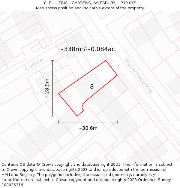 8, BULLFINCH GARDENS, AYLESBURY, HP19 0XS: Plot and title map