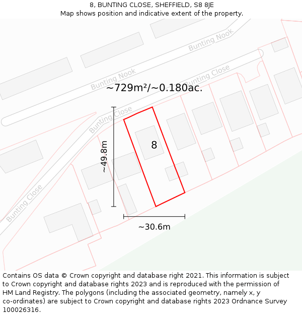 8, BUNTING CLOSE, SHEFFIELD, S8 8JE: Plot and title map