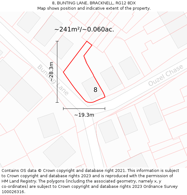8, BUNTING LANE, BRACKNELL, RG12 8DX: Plot and title map