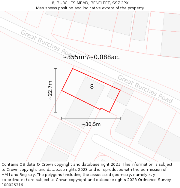 8, BURCHES MEAD, BENFLEET, SS7 3PX: Plot and title map