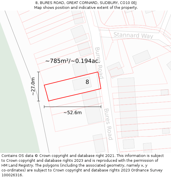 8, BURES ROAD, GREAT CORNARD, SUDBURY, CO10 0EJ: Plot and title map