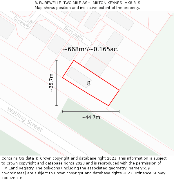 8, BUREWELLE, TWO MILE ASH, MILTON KEYNES, MK8 8LS: Plot and title map