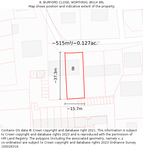 8, BURFORD CLOSE, WORTHING, BN14 9RL: Plot and title map