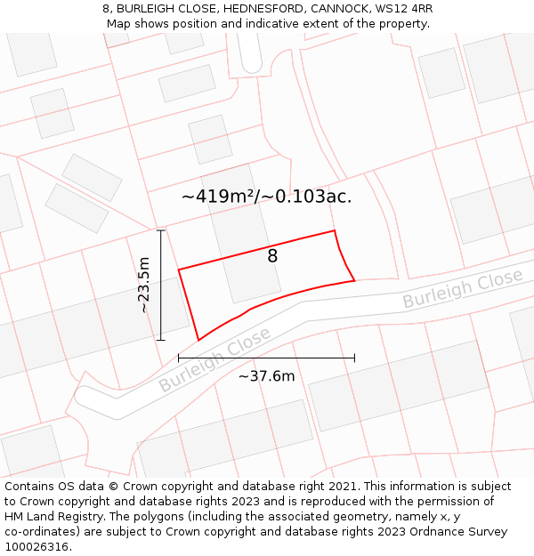8, BURLEIGH CLOSE, HEDNESFORD, CANNOCK, WS12 4RR: Plot and title map