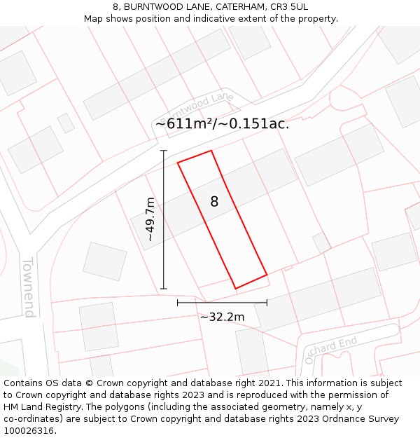 8, BURNTWOOD LANE, CATERHAM, CR3 5UL: Plot and title map