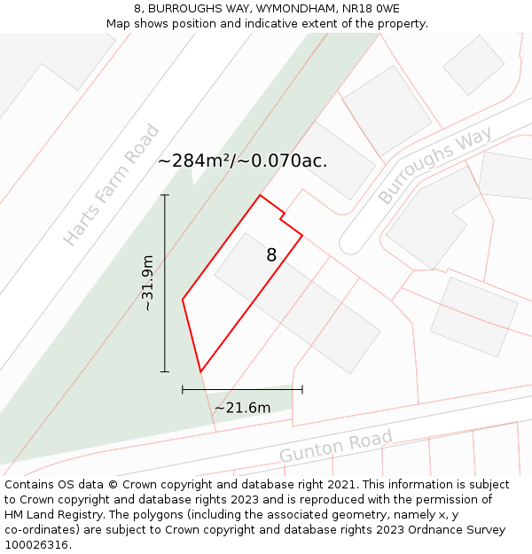 8, BURROUGHS WAY, WYMONDHAM, NR18 0WE: Plot and title map