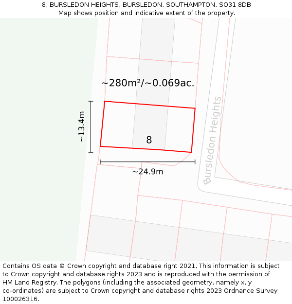 8, BURSLEDON HEIGHTS, BURSLEDON, SOUTHAMPTON, SO31 8DB: Plot and title map