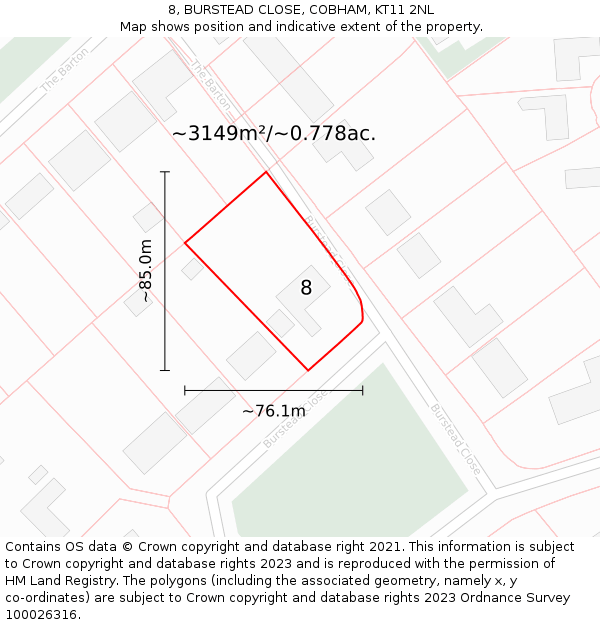 8, BURSTEAD CLOSE, COBHAM, KT11 2NL: Plot and title map