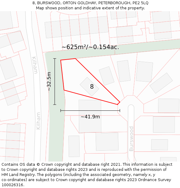 8, BURSWOOD, ORTON GOLDHAY, PETERBOROUGH, PE2 5LQ: Plot and title map