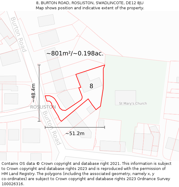 8, BURTON ROAD, ROSLISTON, SWADLINCOTE, DE12 8JU: Plot and title map