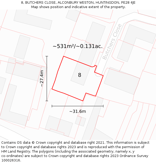 8, BUTCHERS CLOSE, ALCONBURY WESTON, HUNTINGDON, PE28 4JE: Plot and title map