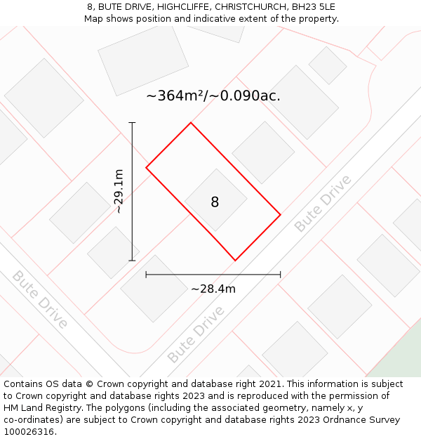 8, BUTE DRIVE, HIGHCLIFFE, CHRISTCHURCH, BH23 5LE: Plot and title map