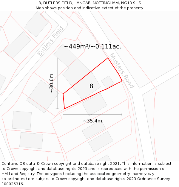8, BUTLERS FIELD, LANGAR, NOTTINGHAM, NG13 9HS: Plot and title map