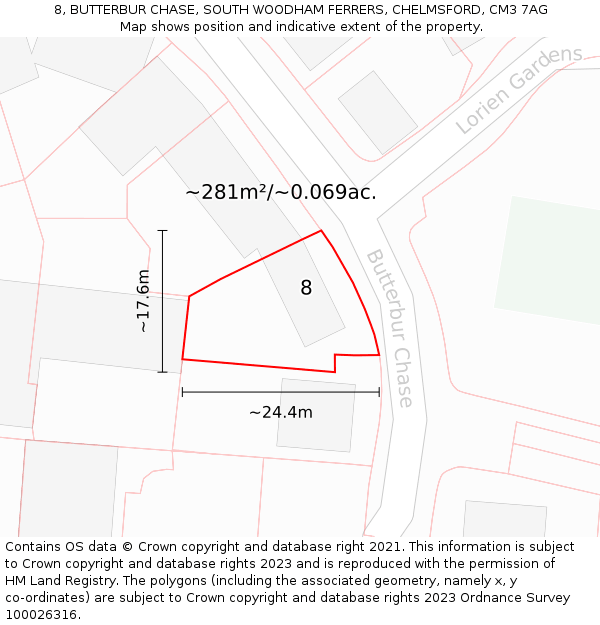 8, BUTTERBUR CHASE, SOUTH WOODHAM FERRERS, CHELMSFORD, CM3 7AG: Plot and title map