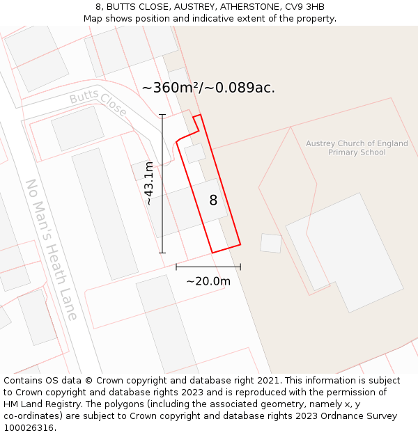8, BUTTS CLOSE, AUSTREY, ATHERSTONE, CV9 3HB: Plot and title map