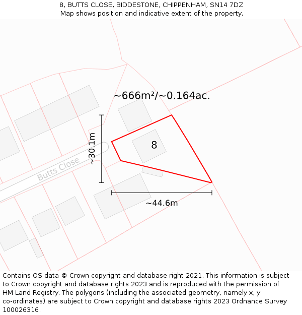 8, BUTTS CLOSE, BIDDESTONE, CHIPPENHAM, SN14 7DZ: Plot and title map