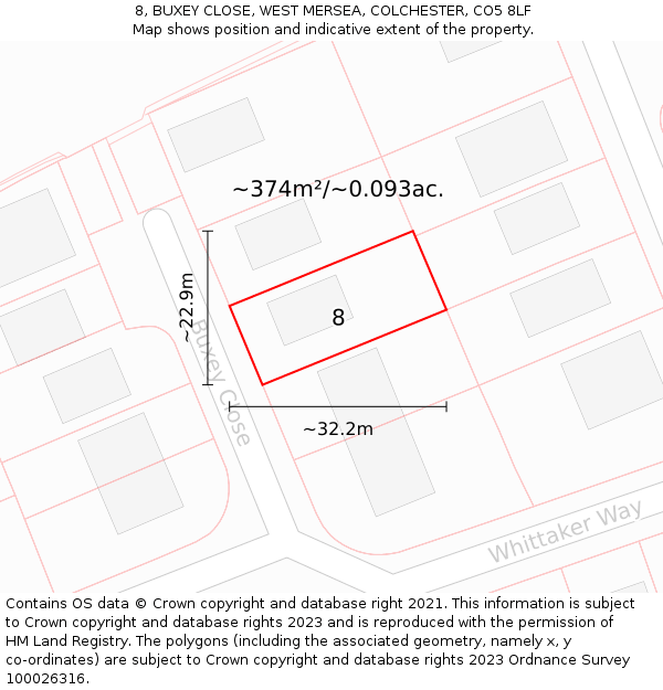8, BUXEY CLOSE, WEST MERSEA, COLCHESTER, CO5 8LF: Plot and title map