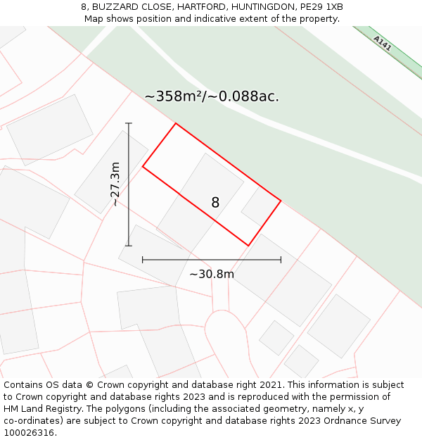 8, BUZZARD CLOSE, HARTFORD, HUNTINGDON, PE29 1XB: Plot and title map