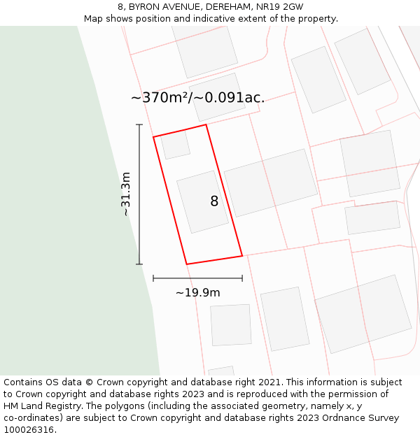 8, BYRON AVENUE, DEREHAM, NR19 2GW: Plot and title map