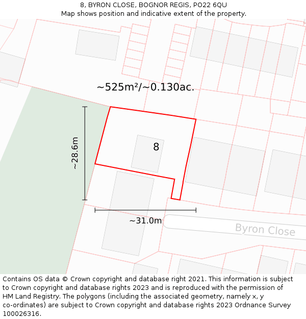8, BYRON CLOSE, BOGNOR REGIS, PO22 6QU: Plot and title map