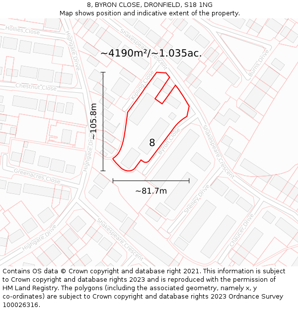 8, BYRON CLOSE, DRONFIELD, S18 1NG: Plot and title map