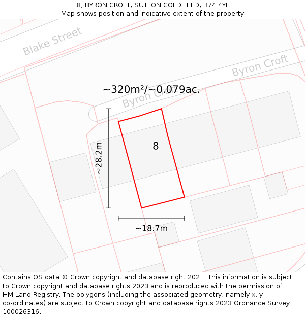 8, BYRON CROFT, SUTTON COLDFIELD, B74 4YF: Plot and title map