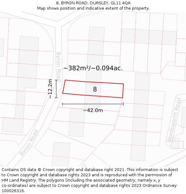 8, BYRON ROAD, DURSLEY, GL11 4QA: Plot and title map