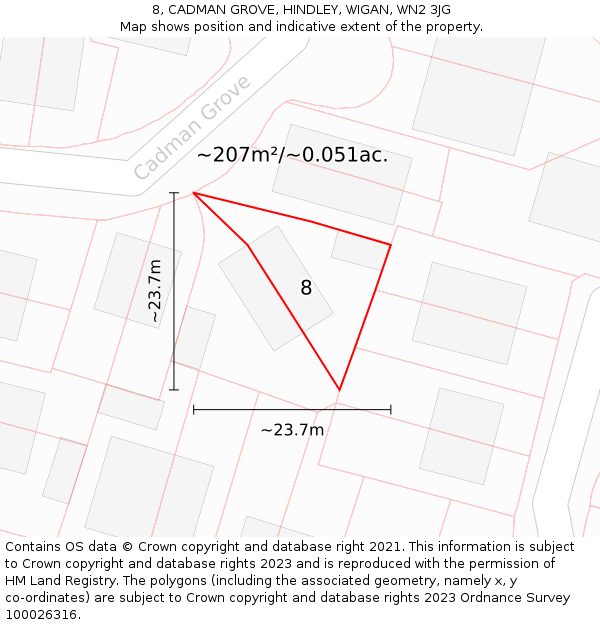 8, CADMAN GROVE, HINDLEY, WIGAN, WN2 3JG: Plot and title map