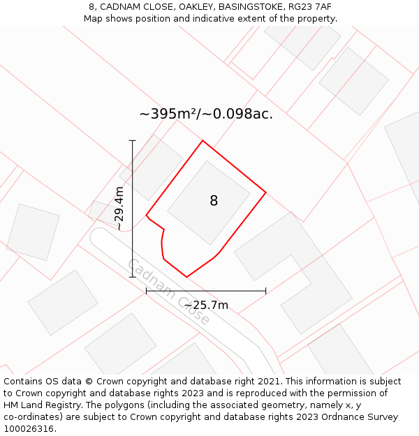 8, CADNAM CLOSE, OAKLEY, BASINGSTOKE, RG23 7AF: Plot and title map