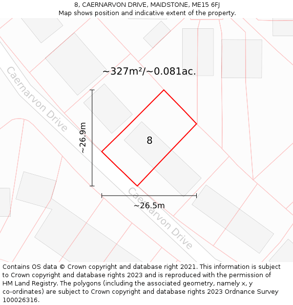 8, CAERNARVON DRIVE, MAIDSTONE, ME15 6FJ: Plot and title map