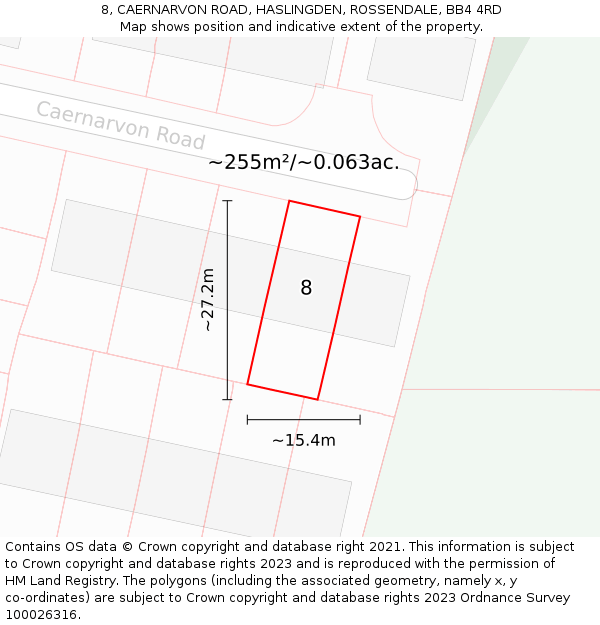 8, CAERNARVON ROAD, HASLINGDEN, ROSSENDALE, BB4 4RD: Plot and title map