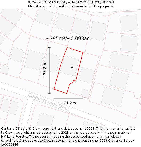 8, CALDERSTONES DRIVE, WHALLEY, CLITHEROE, BB7 9JB: Plot and title map