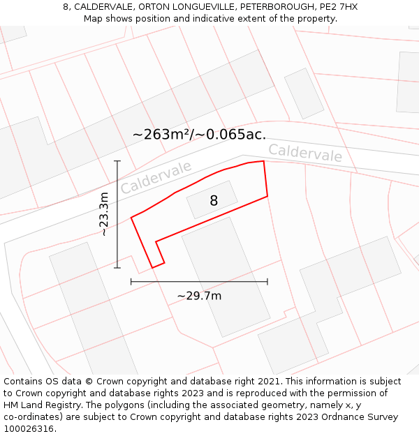 8, CALDERVALE, ORTON LONGUEVILLE, PETERBOROUGH, PE2 7HX: Plot and title map