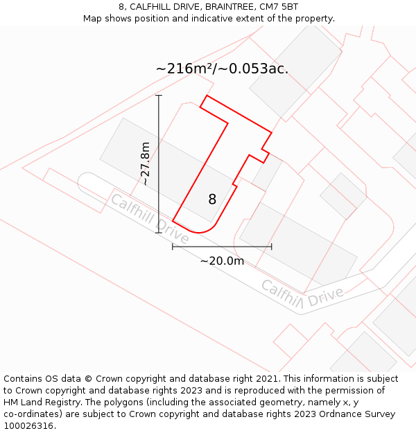 8, CALFHILL DRIVE, BRAINTREE, CM7 5BT: Plot and title map
