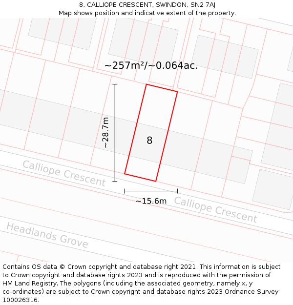 8, CALLIOPE CRESCENT, SWINDON, SN2 7AJ: Plot and title map
