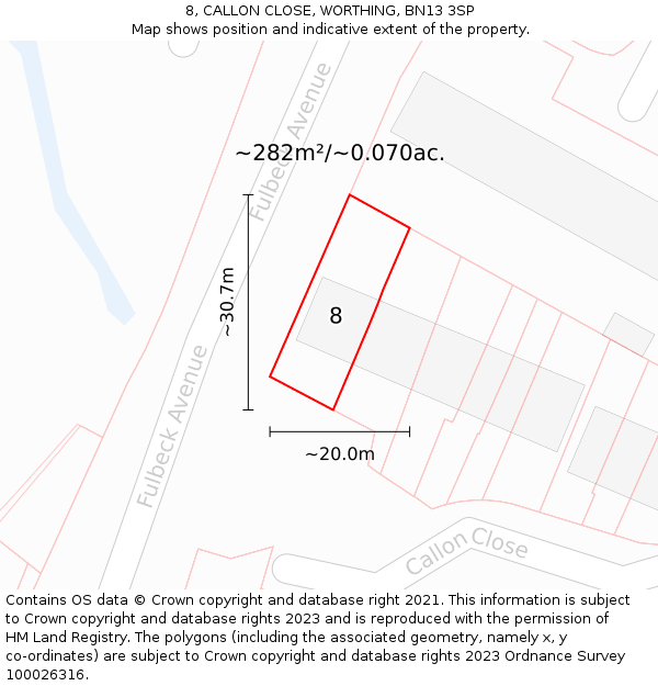 8, CALLON CLOSE, WORTHING, BN13 3SP: Plot and title map