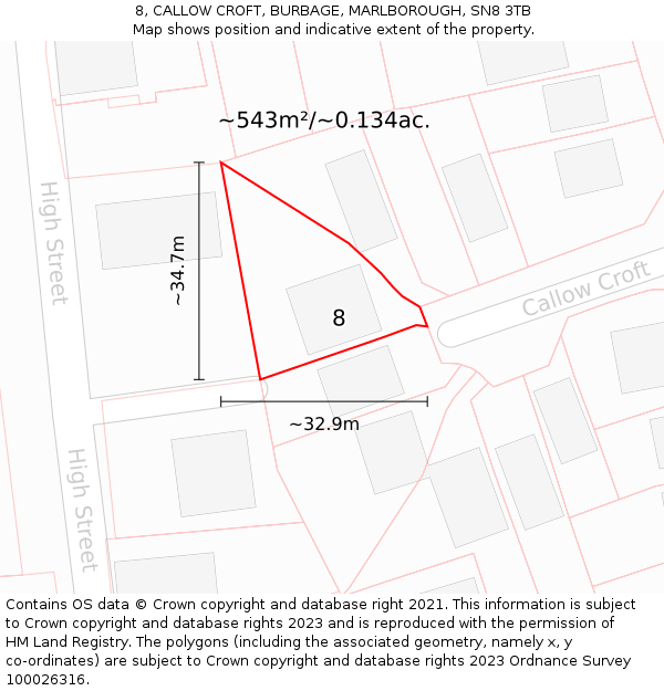 8, CALLOW CROFT, BURBAGE, MARLBOROUGH, SN8 3TB: Plot and title map