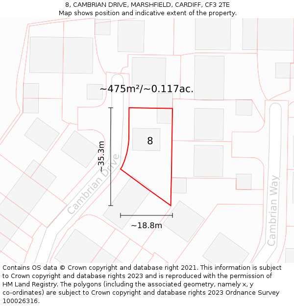 8, CAMBRIAN DRIVE, MARSHFIELD, CARDIFF, CF3 2TE: Plot and title map
