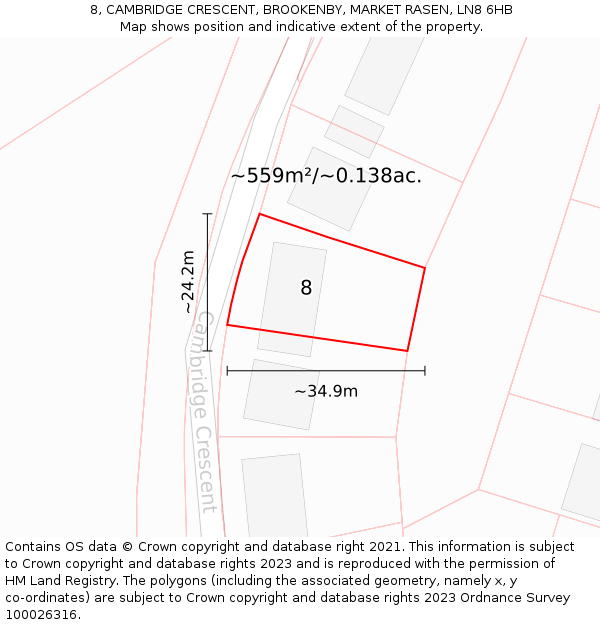 8, CAMBRIDGE CRESCENT, BROOKENBY, MARKET RASEN, LN8 6HB: Plot and title map