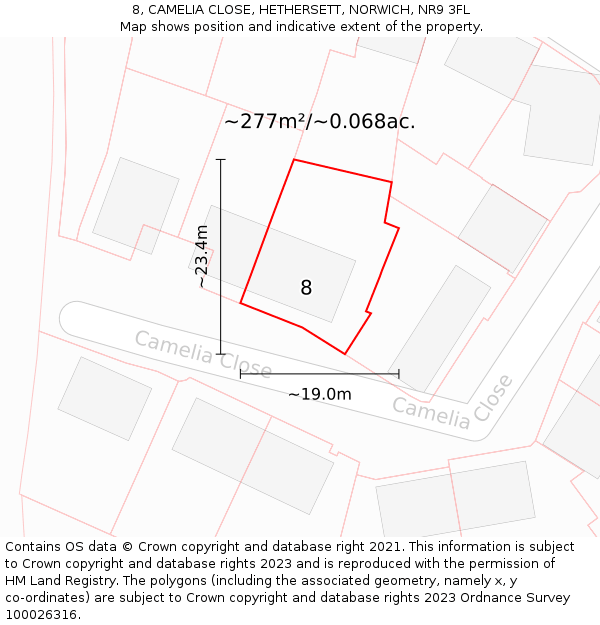 8, CAMELIA CLOSE, HETHERSETT, NORWICH, NR9 3FL: Plot and title map