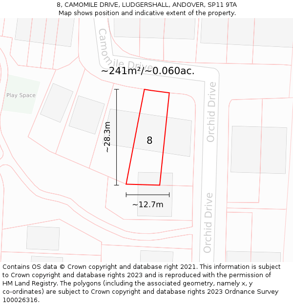 8, CAMOMILE DRIVE, LUDGERSHALL, ANDOVER, SP11 9TA: Plot and title map