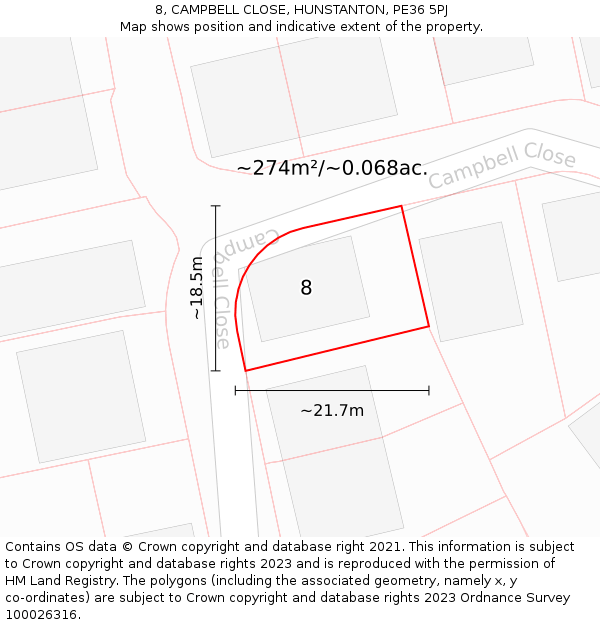 8, CAMPBELL CLOSE, HUNSTANTON, PE36 5PJ: Plot and title map