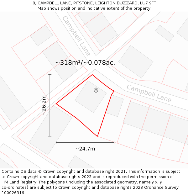 8, CAMPBELL LANE, PITSTONE, LEIGHTON BUZZARD, LU7 9FT: Plot and title map