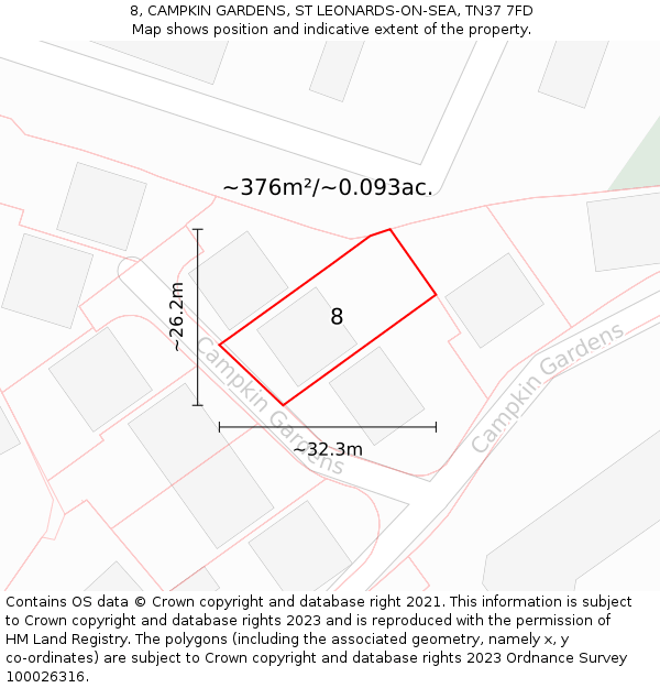 8, CAMPKIN GARDENS, ST LEONARDS-ON-SEA, TN37 7FD: Plot and title map