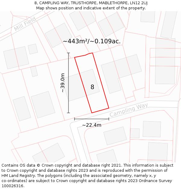 8, CAMPLING WAY, TRUSTHORPE, MABLETHORPE, LN12 2UJ: Plot and title map