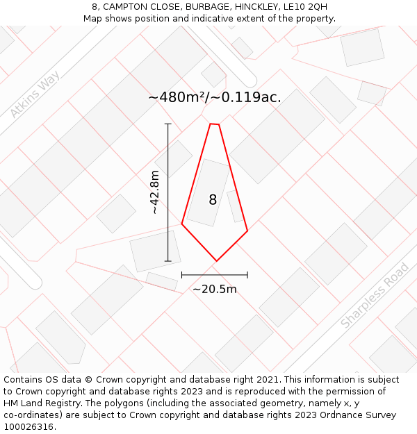 8, CAMPTON CLOSE, BURBAGE, HINCKLEY, LE10 2QH: Plot and title map